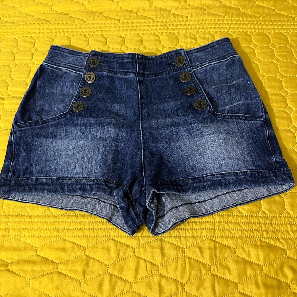 Express Dark Blue Jean Shorts with Button Detail